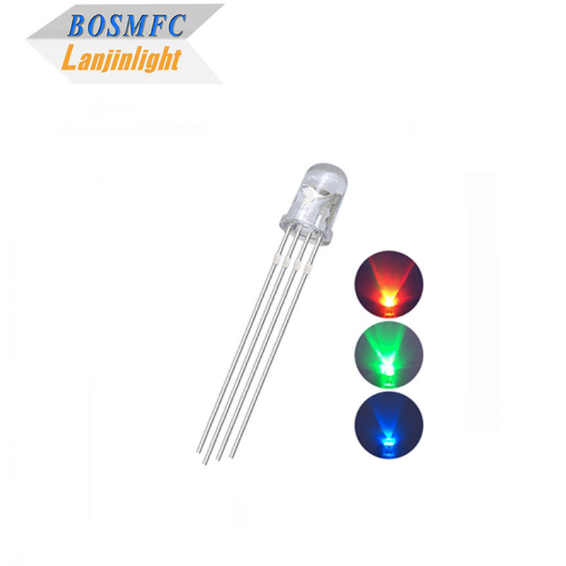 4 পিন RGB LED 5mm Through Hole 0.06W, সাধারণ অ্যানোড ওয়াটার ক্লিয়ার লেন্স F5 Tri Color LED